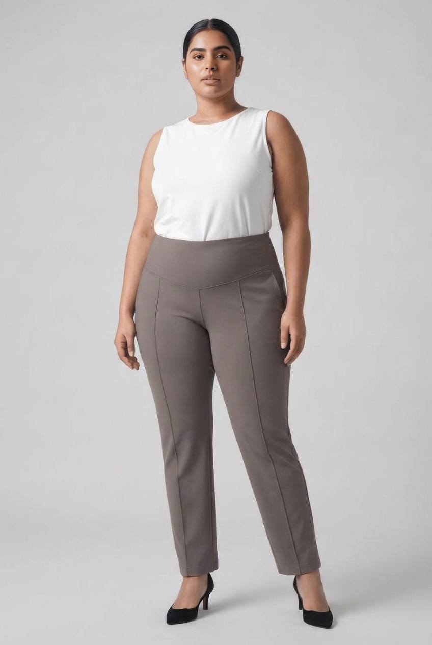 Plus Size Taupe Tummy Shaper Straight Fit Pants