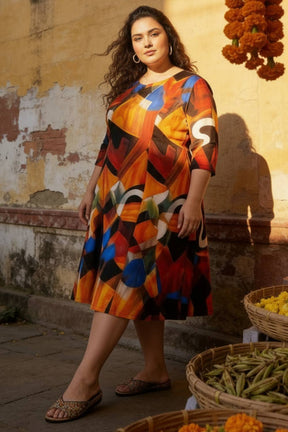 Plus Size Brushstroke Print A line Dress