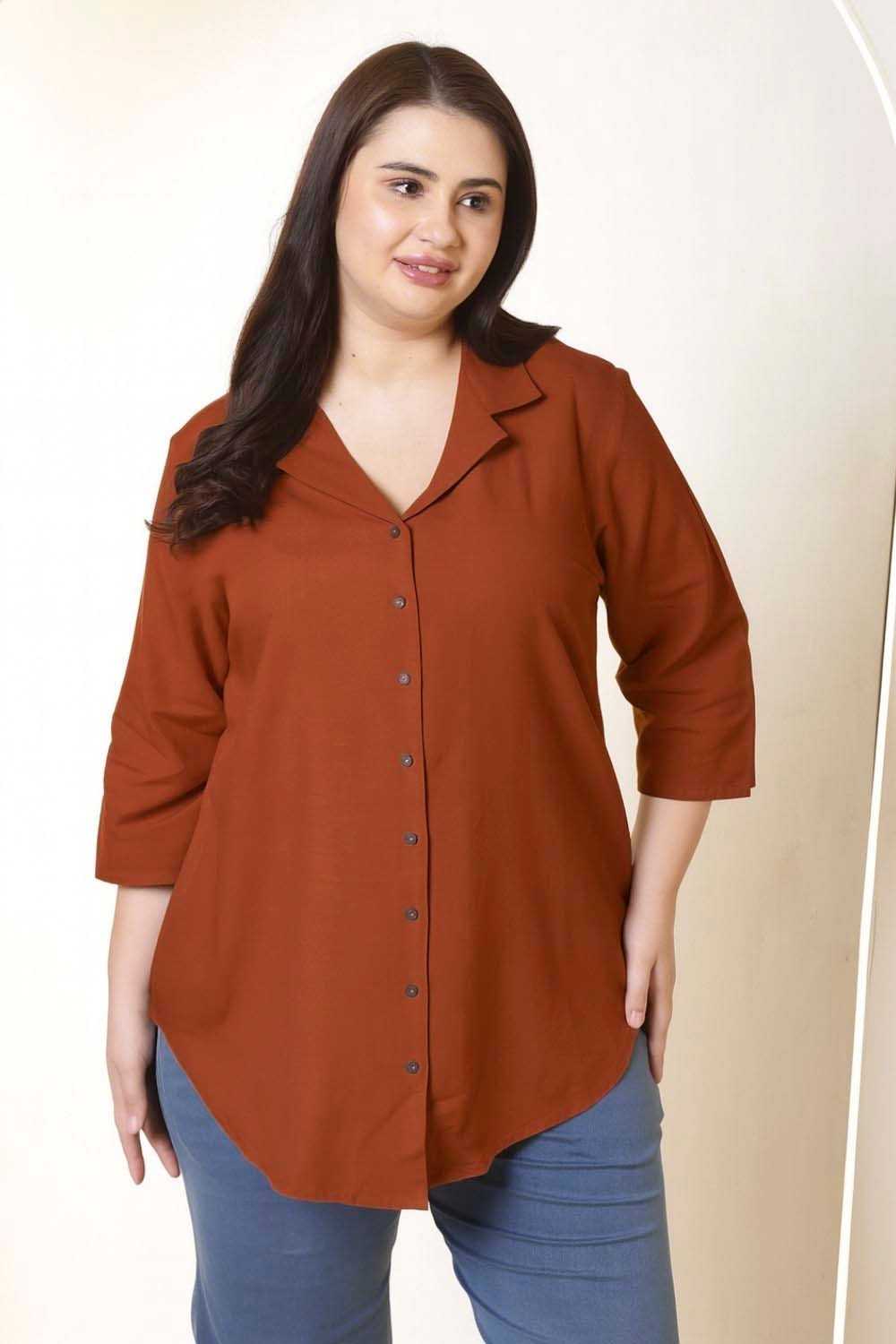 Plus Size Rust Brown Cotton Linen Cuban Collar Shirt