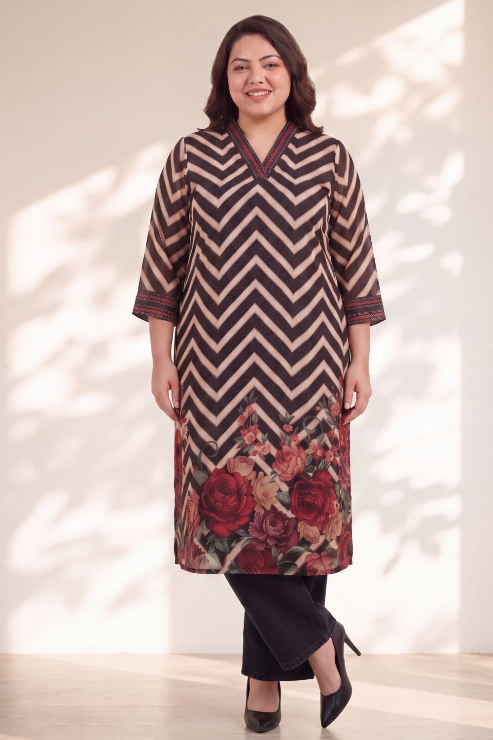 Plus Size Black Rose Chevron Print Georgette Kurta