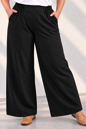 Plus Size SoftEase Black Cotton Wide Flare Pants High