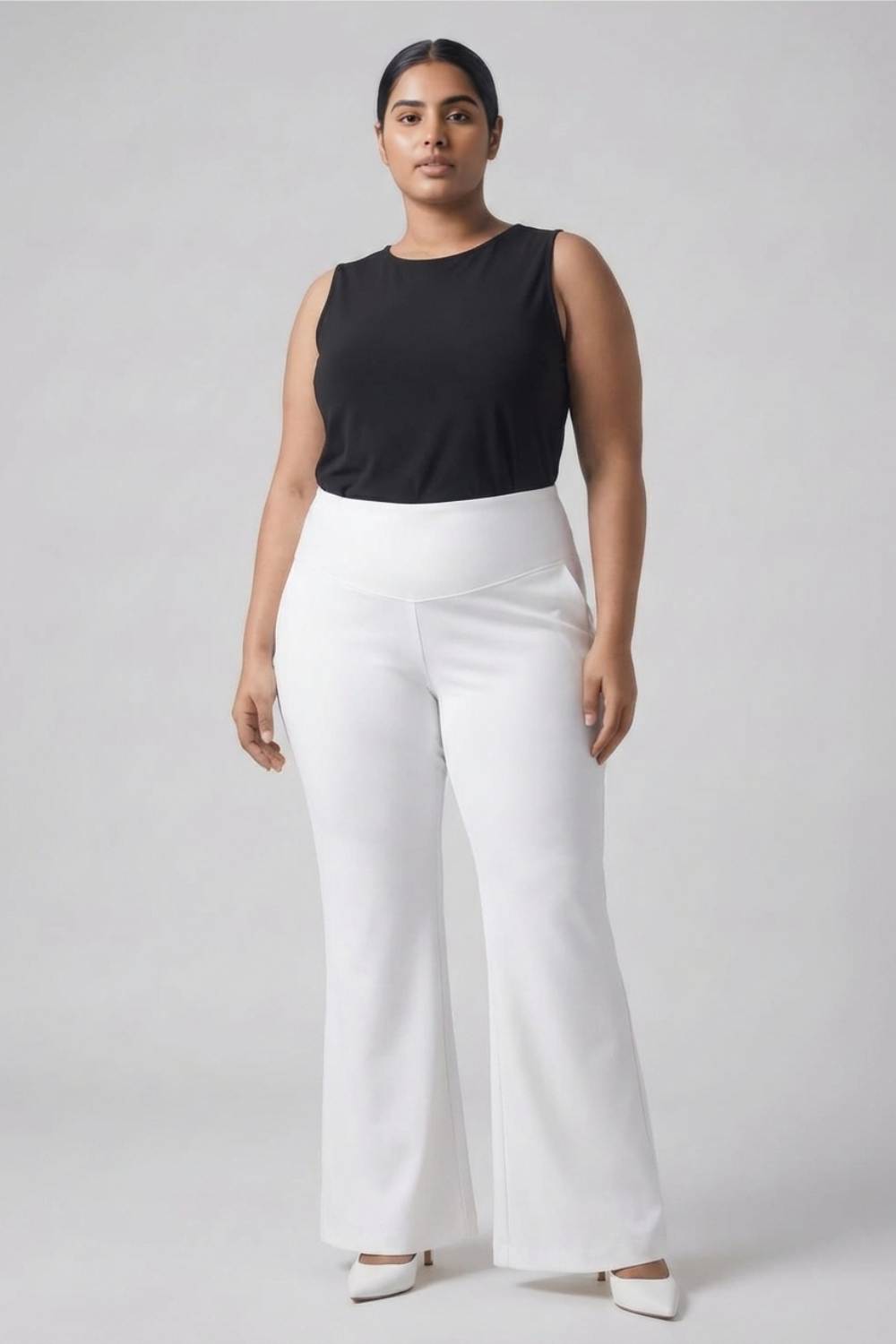 Plus Size White Tummy Shaper Flare Pants