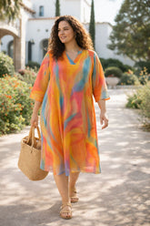 Plus Size Multicolor Abstract Print Cotton Midi Dress
