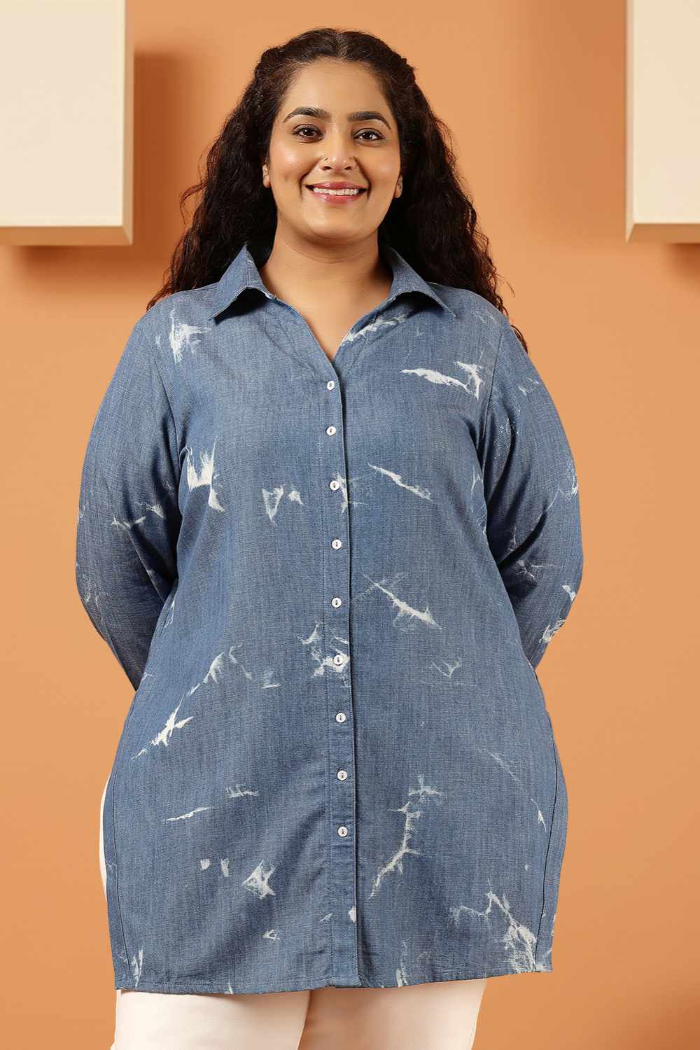 Plus Size Blue Marble Print Denim High Slit Longline Shirt
