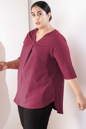 Plus Size Wine V-Neck Cotton Linen Top