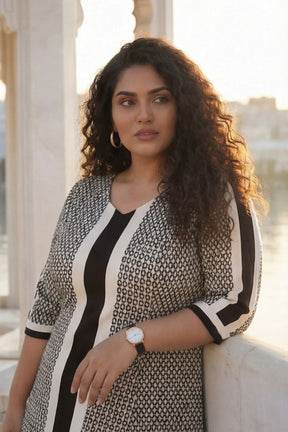 Plus Size Black Geometric Print A line Dress