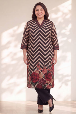 Plus Size Black Rose Chevron Print Kurta Satin Georgette Kurta