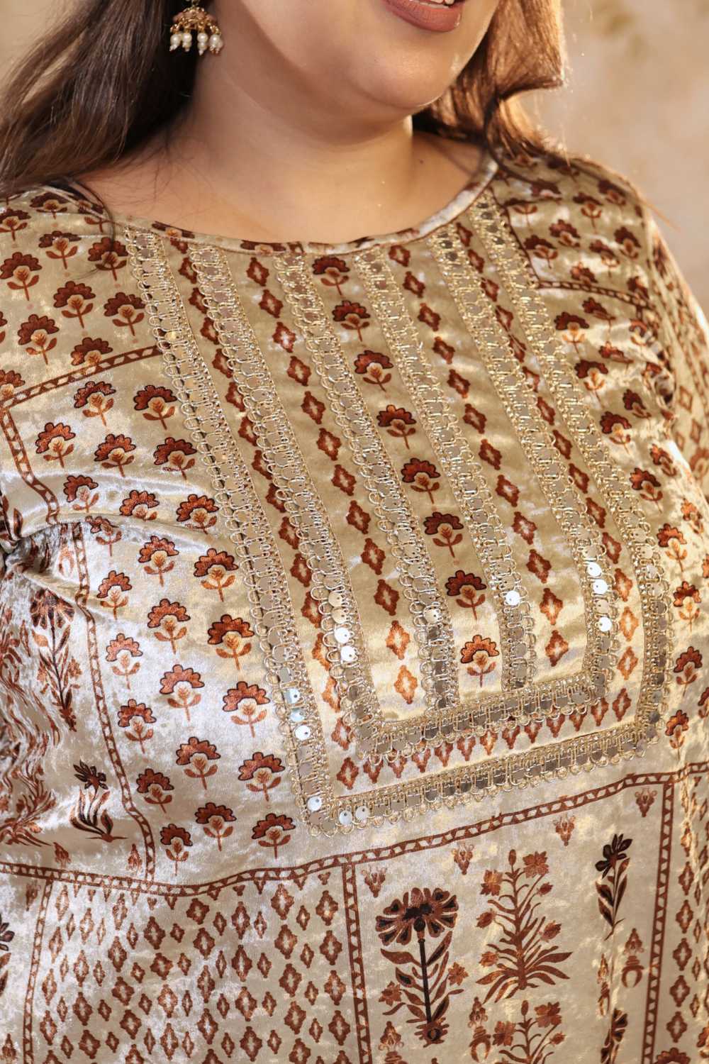 Plus Size Ivory Rust Ethnic Printed Velvet Suit Set