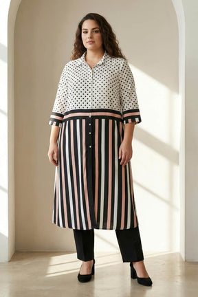 Black Luxe Polka Stripes Kurta Cum Shrug