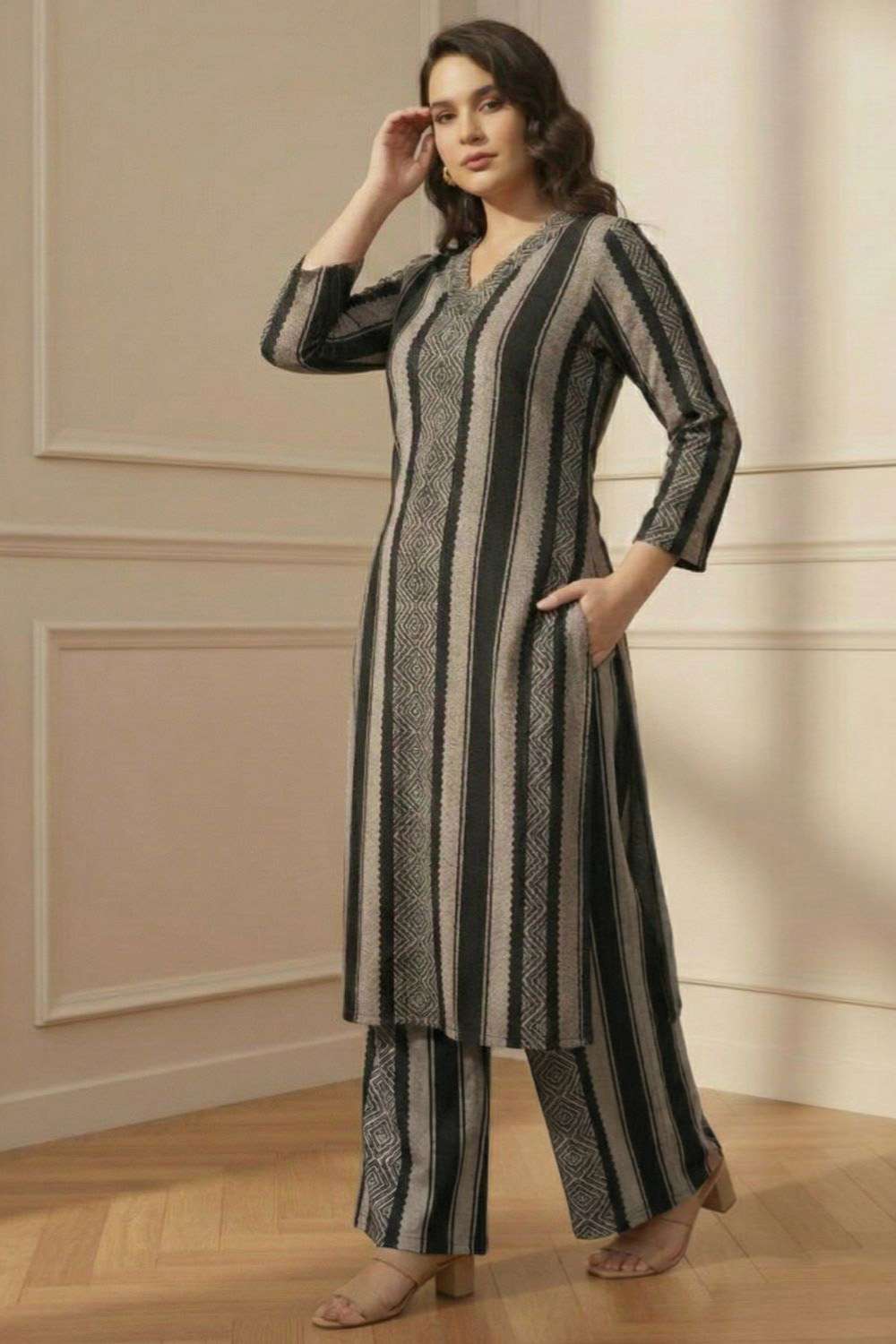 Plus Size Black Beige Stripe SnugWeave™ Winter Kurta Coord Set