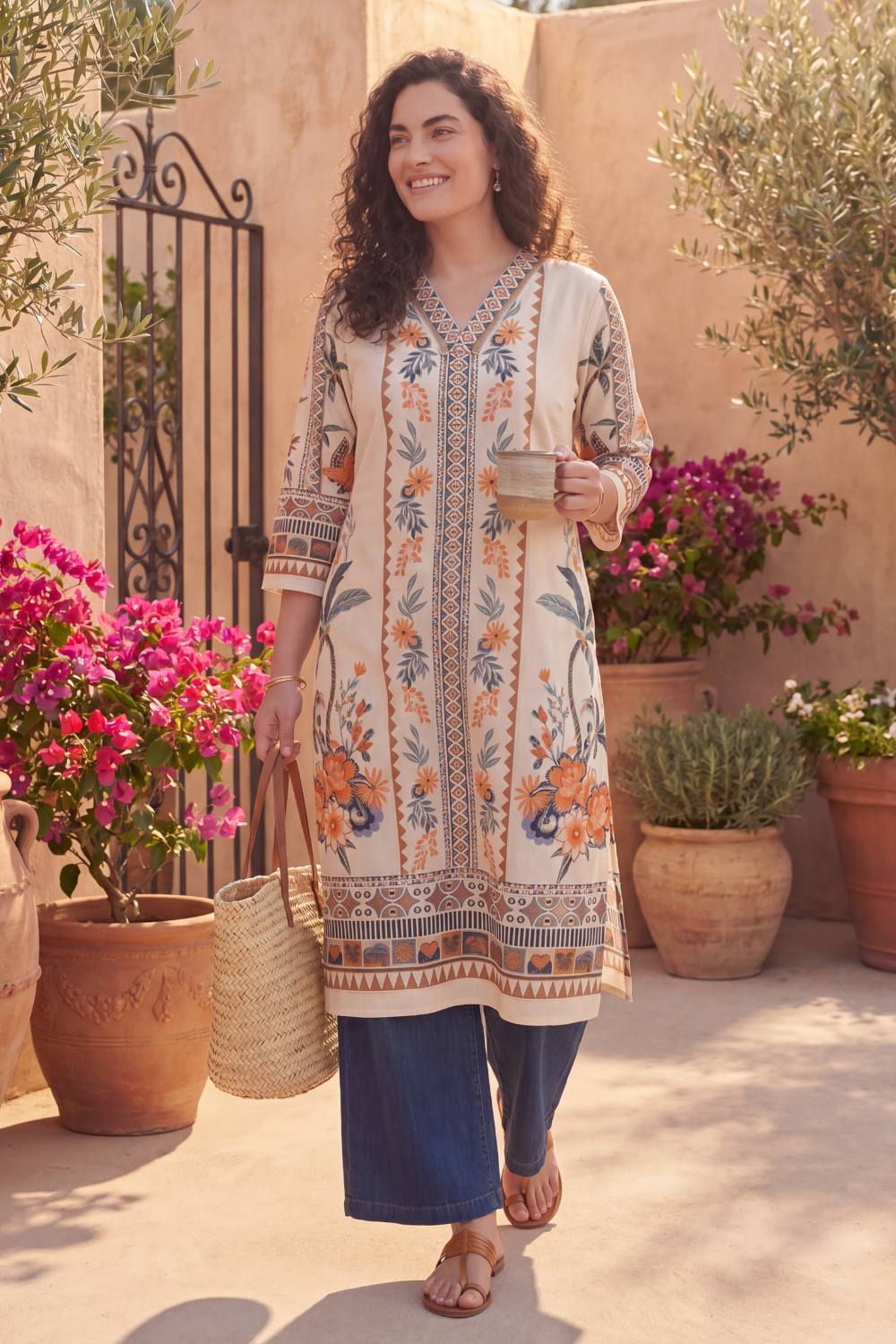 Plus Size Boho Floral Print Cotton V-Neck Kurta