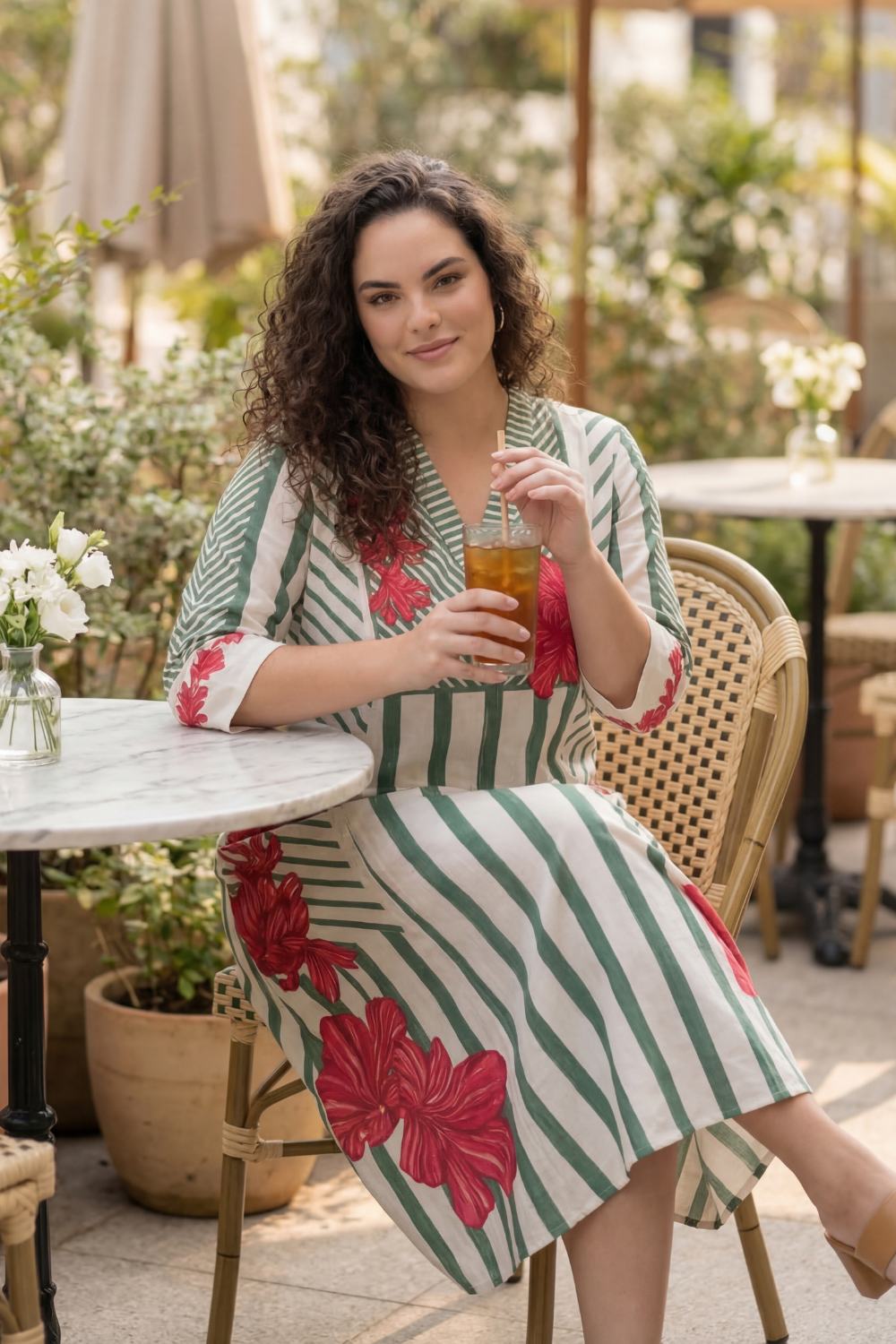 Plus Size Green Stripe Floral Print Cotton Midi Dress