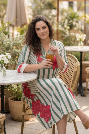 Plus Size Green Stripe Floral Print Cotton Midi Dress