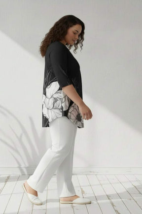 Plus Size Black White Floral Print Centre Pleat Top