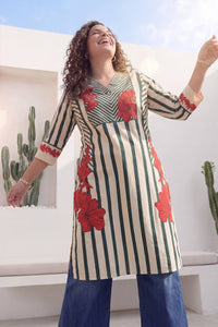 Plus Size Green Stripe Floral Print Cotton V-Neck Kurta