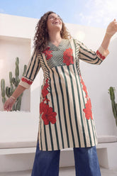 Plus Size Green Stripe Floral Print Cotton V-Neck Kurta