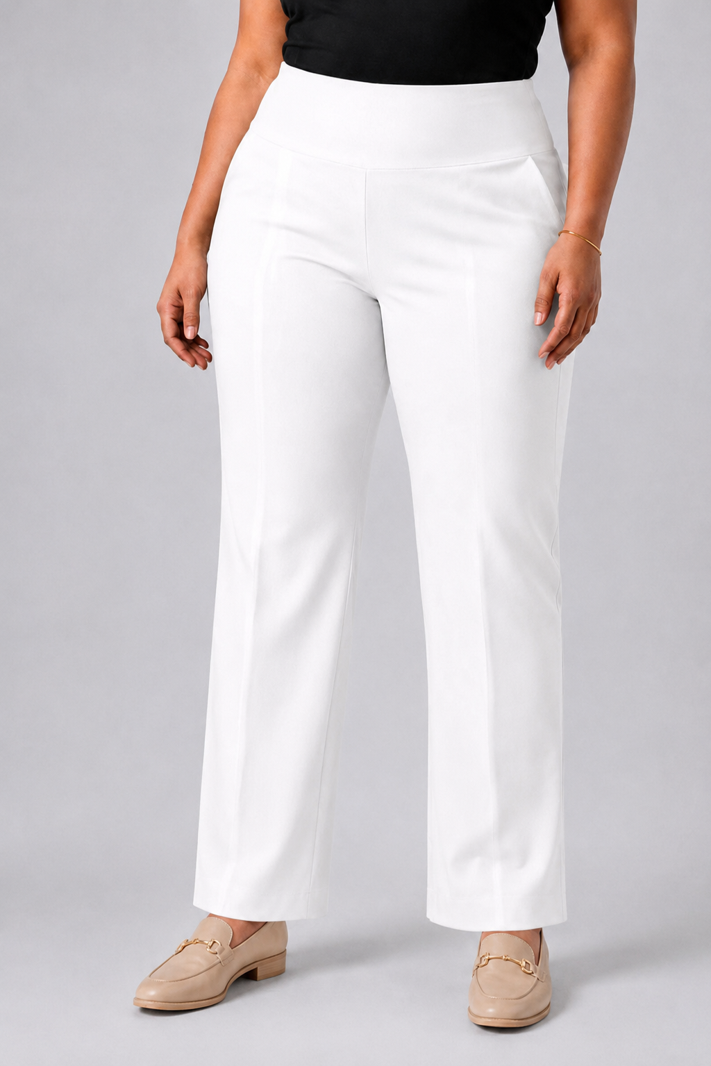 Comfortable White Tummy Shaping Wide Straight Pants