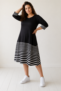 White Stripe Bottom Play Black Printed Dress