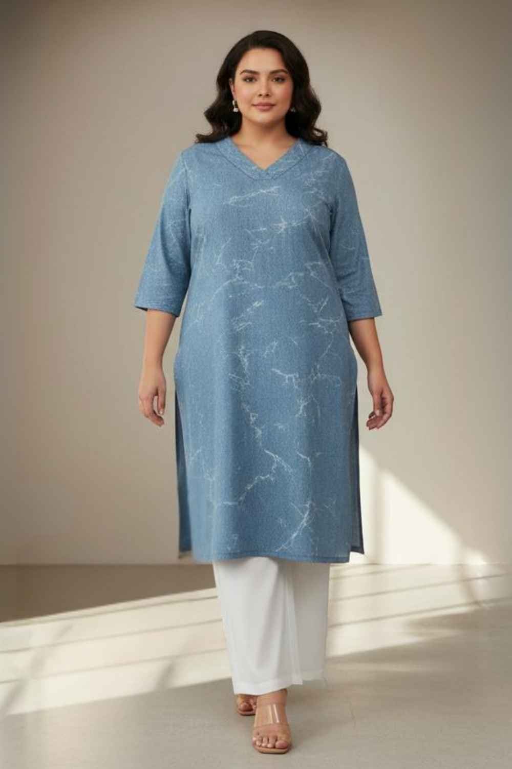 Plus Size Denim Cotton V Neck Kurta Marble Wash