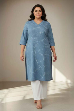 Plus Size Denim Cotton V Neck Kurta Marble Wash
