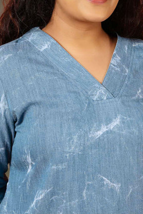 Plus Size Denim Cotton V Neck Kurta Marble Wash