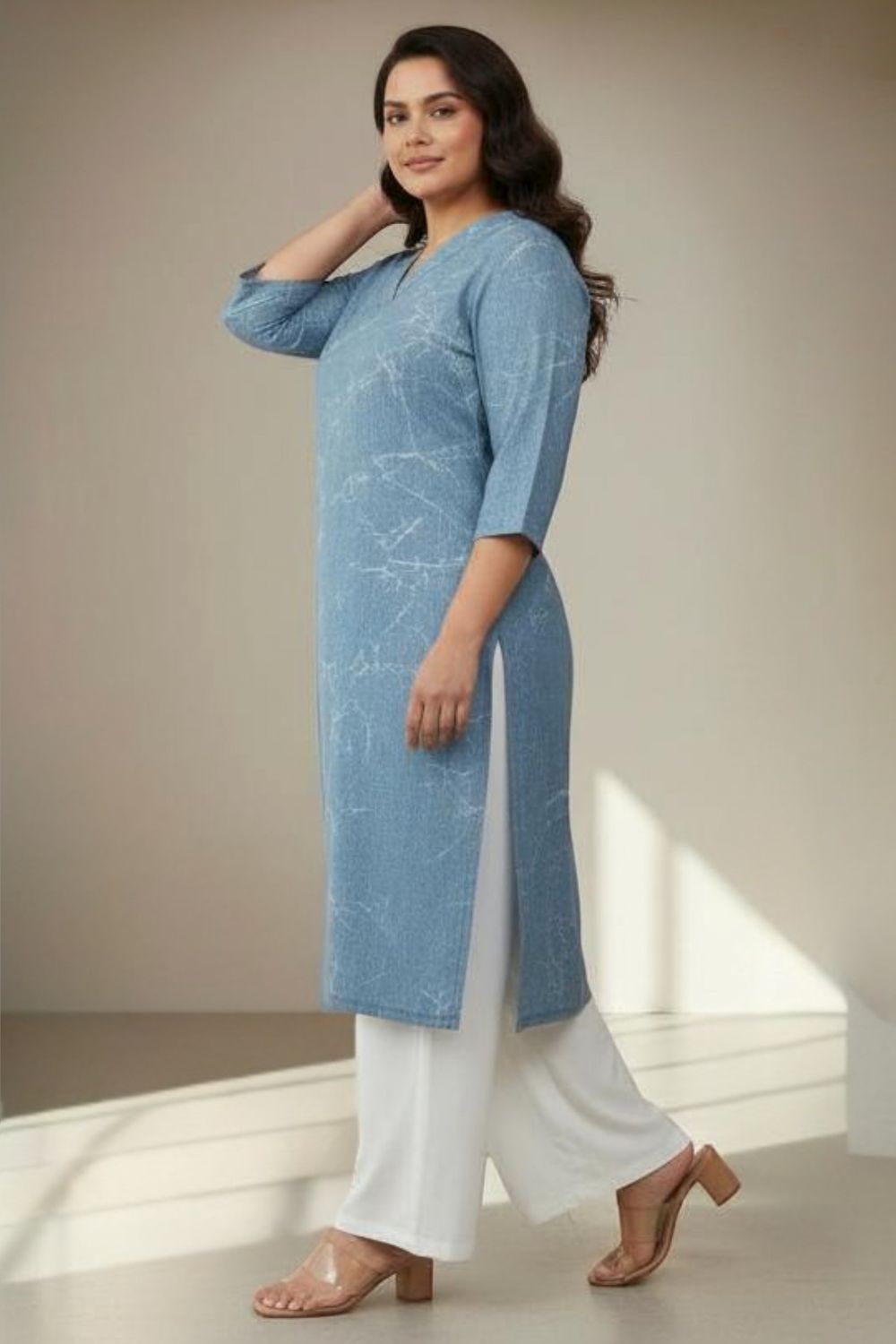 Plus Size Denim Cotton V Neck Kurta Marble Wash for Women