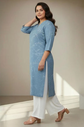 Plus Size Denim Cotton V Neck Kurta Marble Wash