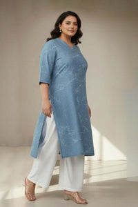 Plus Size Denim Cotton V Neck Kurta Marble Wash