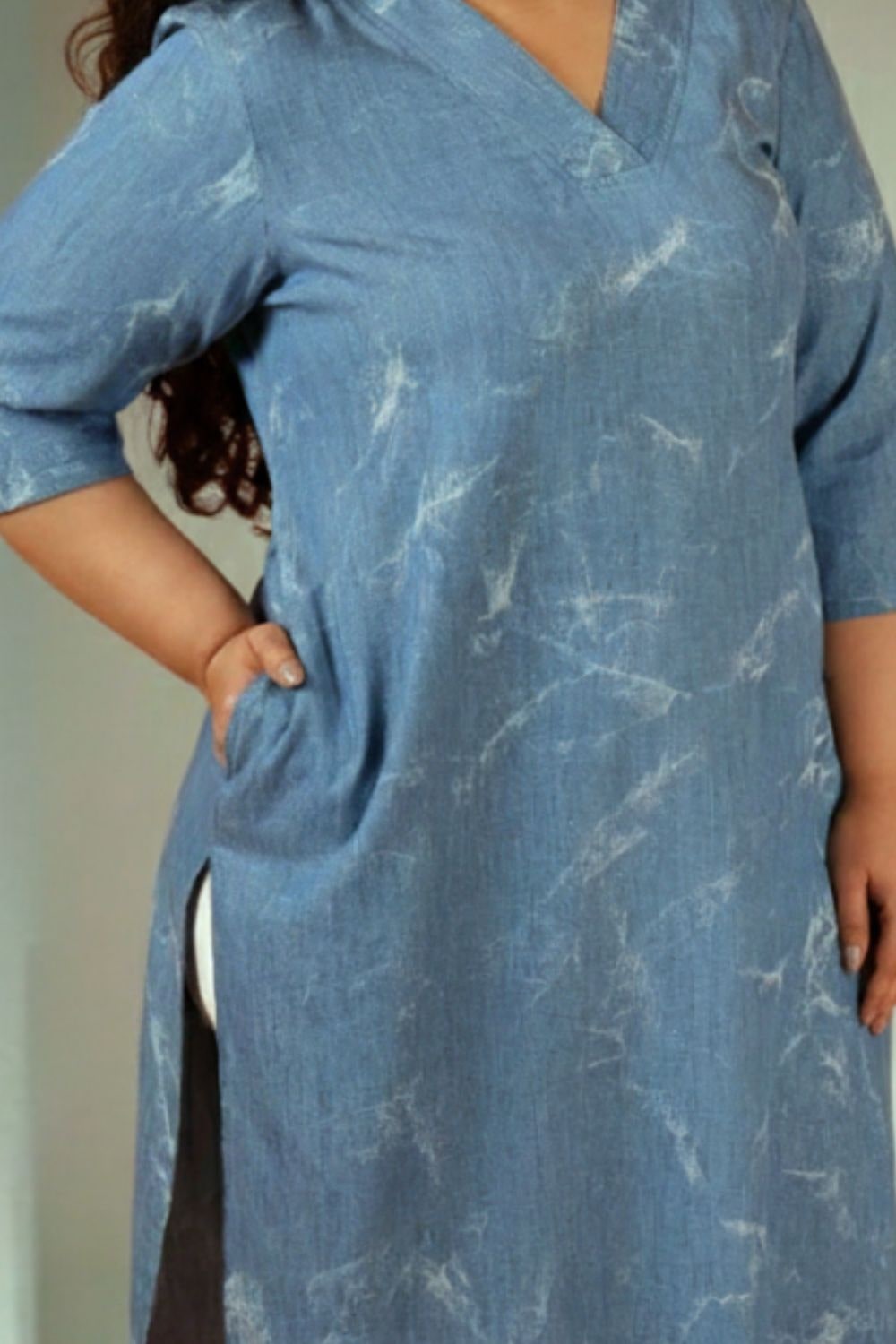 Plus Size Denim Cotton V Neck Kurta Marble Wash