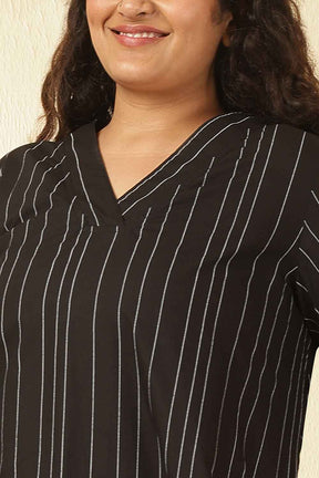 Plus Size Black Stripe Cotton V Neck Kurta Coord Set