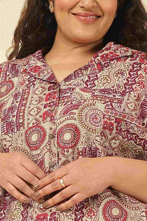 Plus Size Maroon Ethnic Print Rayon Muslin Shirt Coord Set