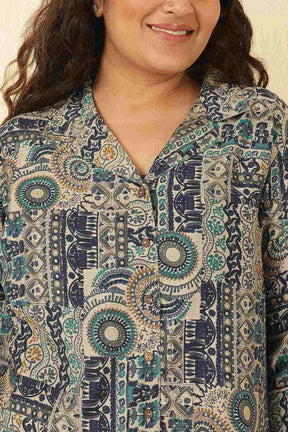 Plus Size Blue Ethnic Print Rayon Muslin Shirt Coord Set