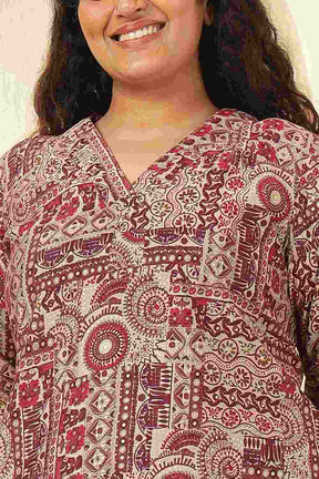 Plus Size Maroon Ethnic Print Rayon Muslin Kurta Coord Set