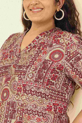 Plus Size Maroon Ethnic Print V-Neck Rayon Muslin Kurta