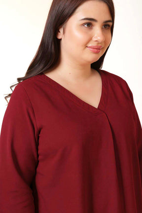 Plus Size Maroon V-Neck Cotton Linen Top