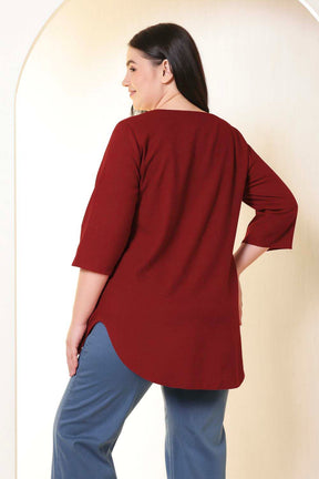 Plus Size Maroon V-Neck Cotton Linen Top