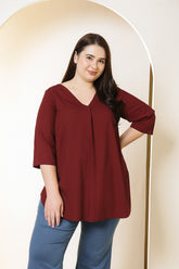 Plus Size Maroon V-Neck Cotton Linen Top