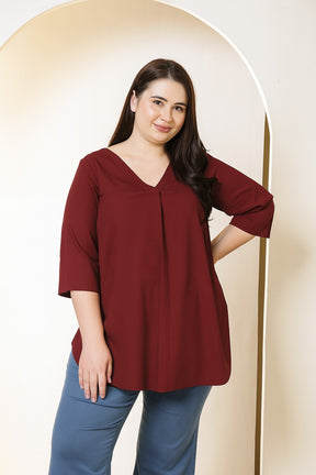Plus Size Maroon V-Neck Cotton Linen Top