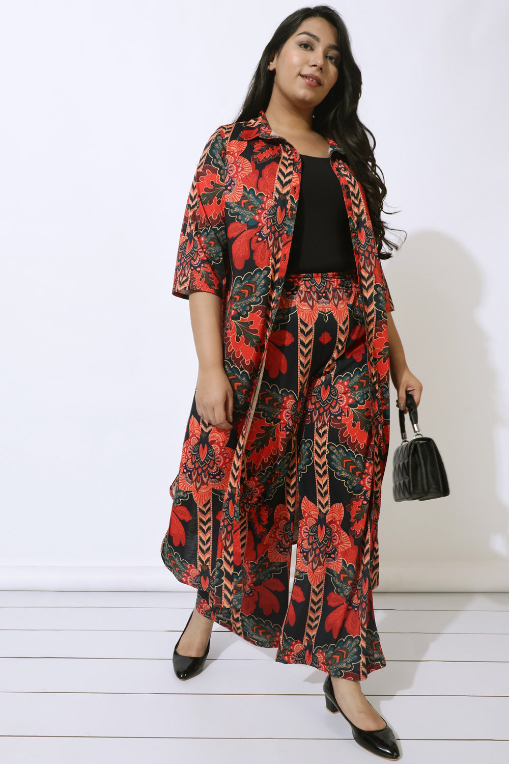 Plus Size Black Tropical Print High Waist Pants