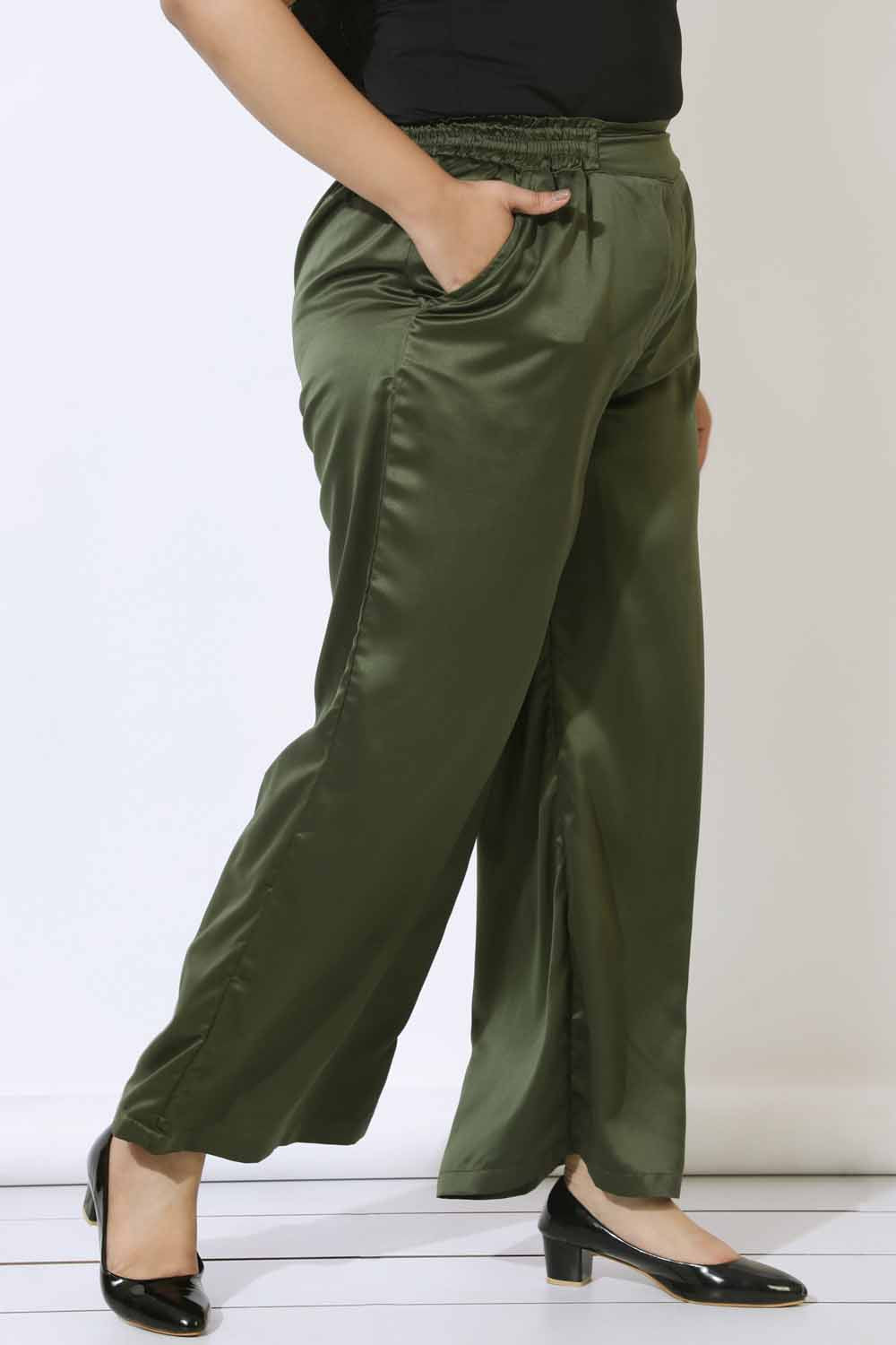 Plus Size Olive Satin High Waist Pants for Women
