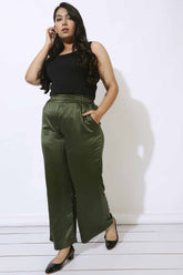 Plus Size Olive Satin High Waist Pants