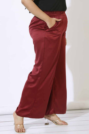 Plus Size Maroon Satin High Waist Pants