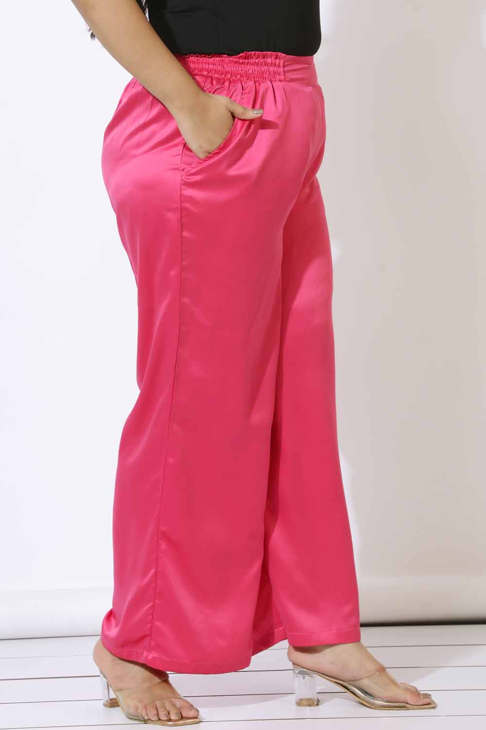 Plus Size Pink Satin High Waist Pants for Women