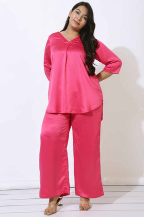 Plus Size Pink Satin High Waist Pants