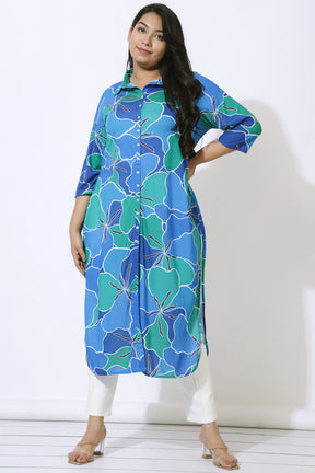 Plus Size Blue Green Abstract Kurta Cum Shrug