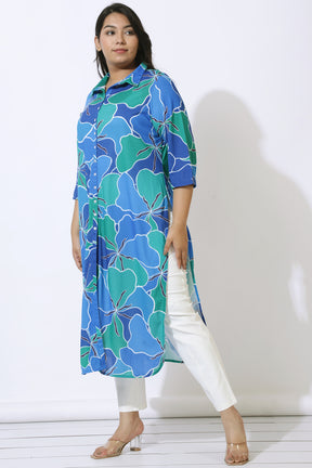 Plus Size Blue Green Abstract Kurta Cum Shrug