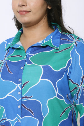 Plus Size Blue Green Abstract Kurta Cum Shrug