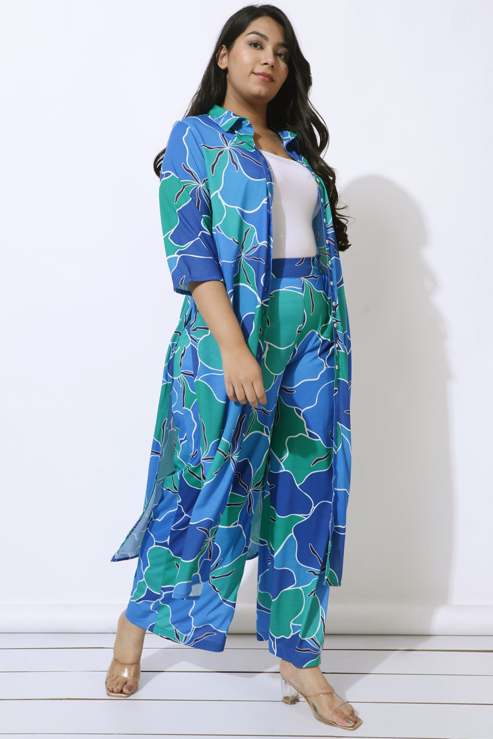 Plus Size Blue Green Abstract Kurta Cum Shrug