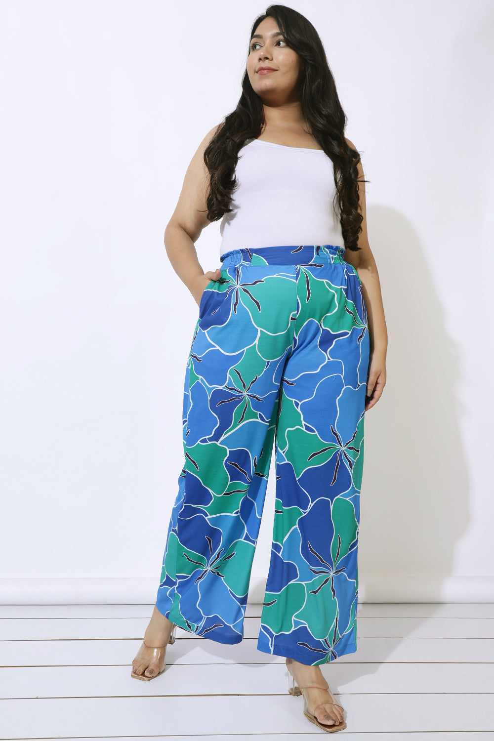 Plus Size Blue Green Abstract Print High Waits Pants