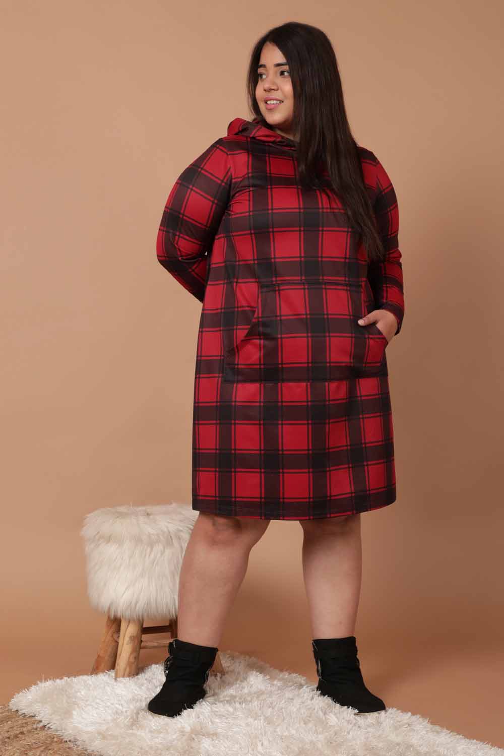 Plus Size Plus Size Red Black Plaid Printed Sweatshirt Hoodie Winter Dress